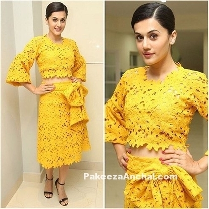 Tapsee Pannu in Yellow Bambah Boutique outfit, #ActressInSkirts, #ActressInYellowDresses, #BollywoodActress, #BollywoodDesignerDresses, #CelebrityDresses, #CutOutSkirt, #DesignerWear, #LongSkirt, #... | Indian Fashion Updates | Scoop.it