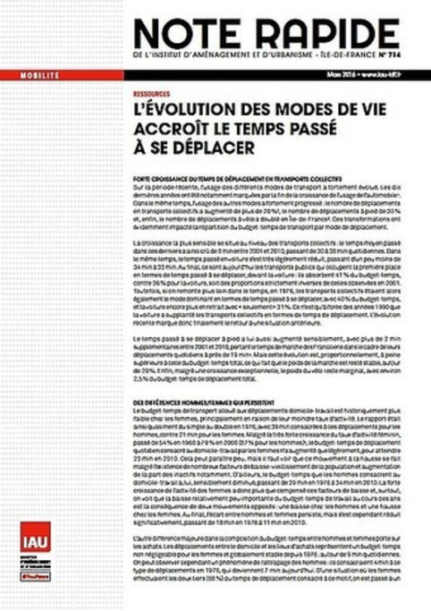 Publication IAU-IDF - L'évolution des modes de vie accroît le temps passé à se déplacer | Veille territoriale AURH | Scoop.it