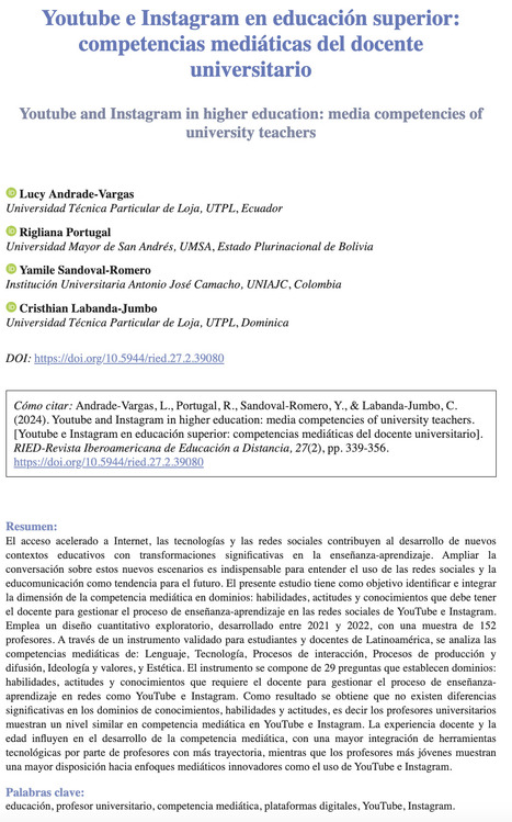 Youtube e Instagram en educación superior: competencias mediáticas del docente universitario | Educación a Distancia y TIC | Scoop.it