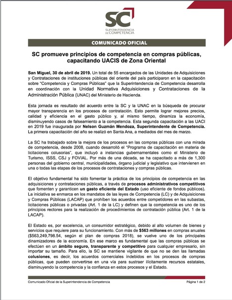 En 30 minutos, inicia la Conferencia de Prensa sobre la promoción de principios de competencia en compras públicas y capacitación a UACIS de Zona Oriental.  Conozca más en nuestro #ComunicadoOficia... | SC News® | Scoop.it