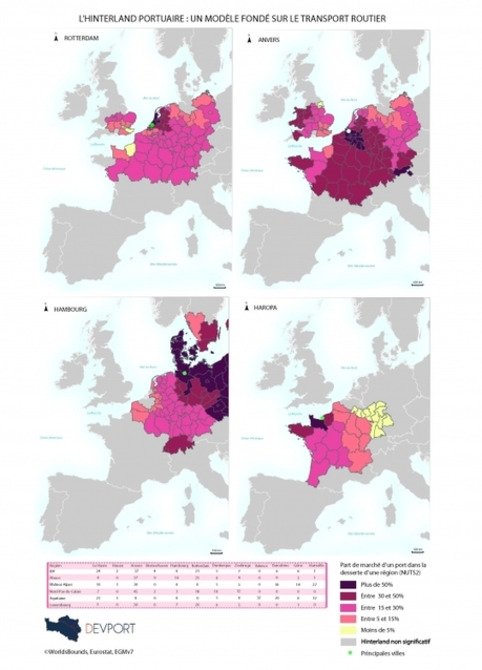 Carte - L'hinterland portuaire en Europe : un modèle fondé sur le transport routier (Projet devport) | Veille territoriale AURH | Scoop.it