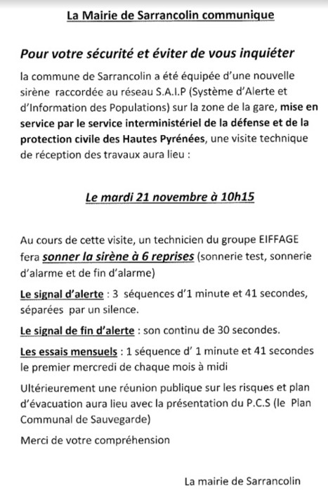 Test sur la nouvelle sirène de la Sarrancolin le 21 novembre | Vallées d'Aure & Louron - Pyrénées | Scoop.it